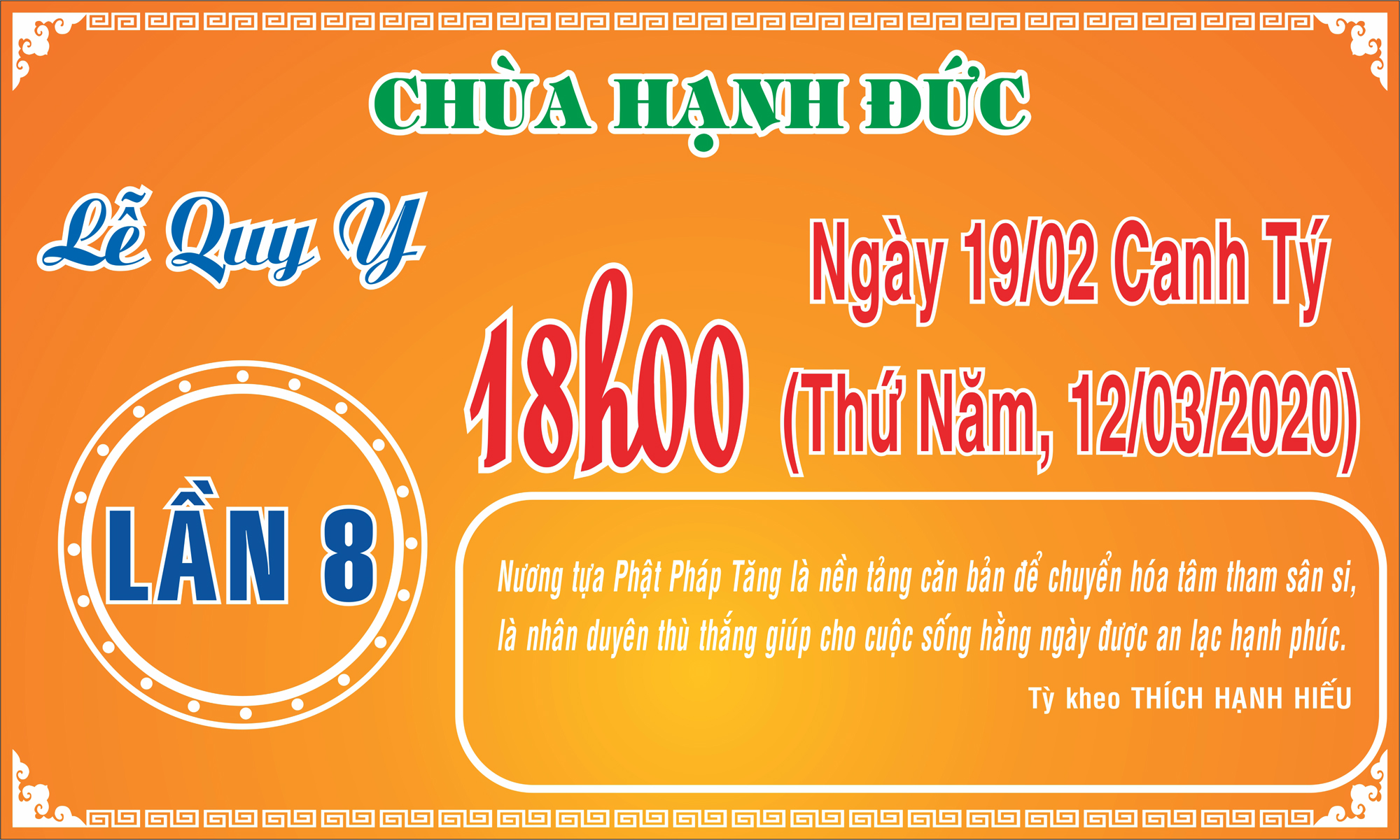 Chùa Hạnh Đức - thông báo lễ quy y lần 8