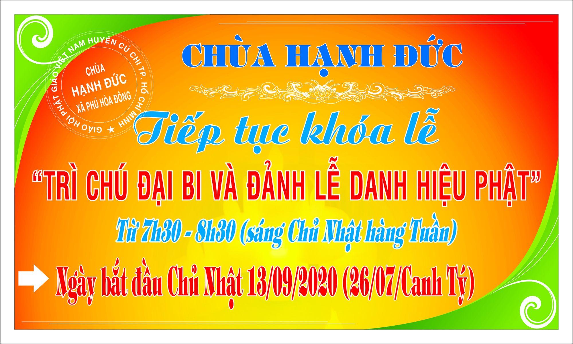Chùa Hạnh Đức thông báo khóa lễ trì chú Đại bi và đảnh lễ danh hiệu Phật